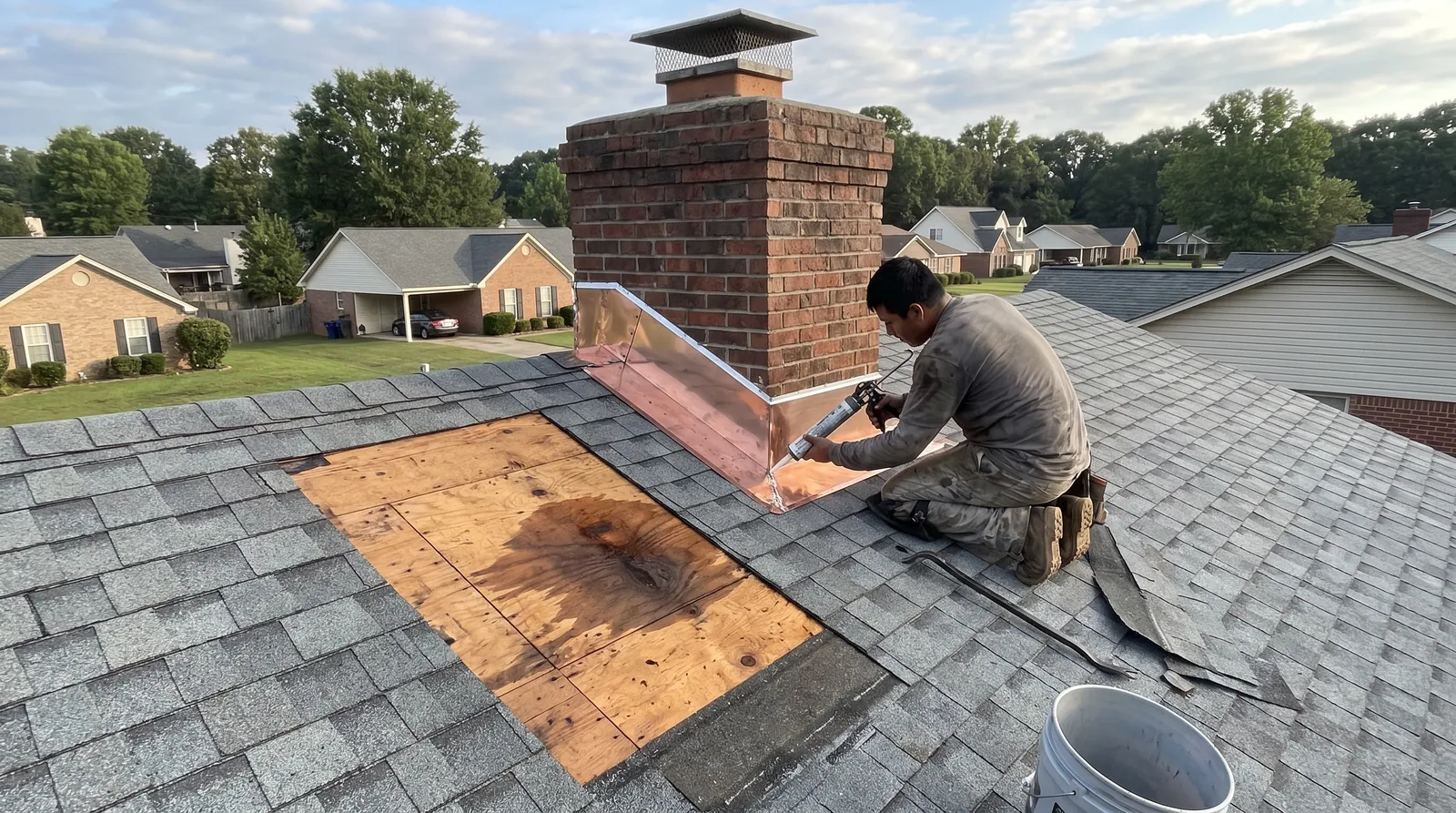 Roofer resealing step flashing around a brick chimney where a roof leak started