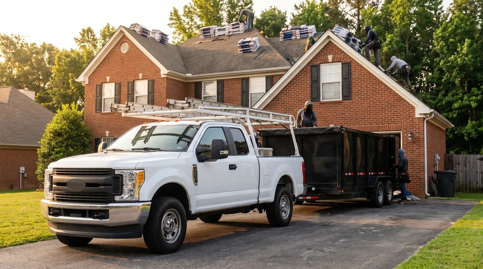Roofing crew truck and dump trailer in the driveway of a Huntsville home with shingles staged on the roof