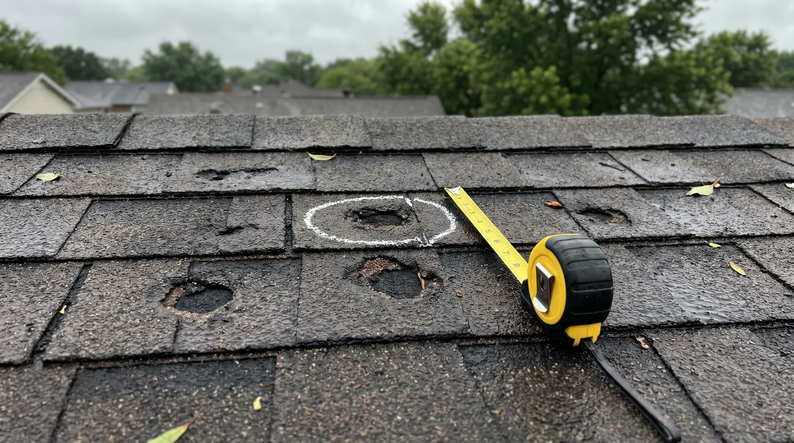 Hail bruises on asphalt shingles circled in chalk during a roof inspection