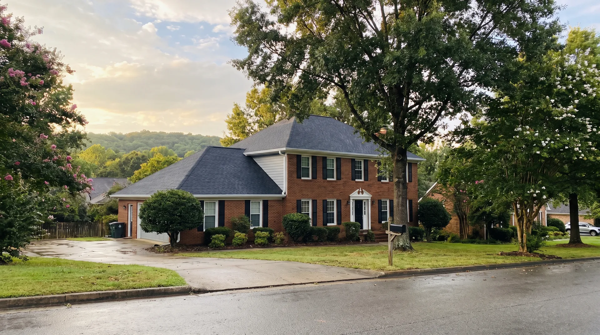 Brick colonial home in Huntsville, AL with a new charcoal architectural shingle roof after a storm clears