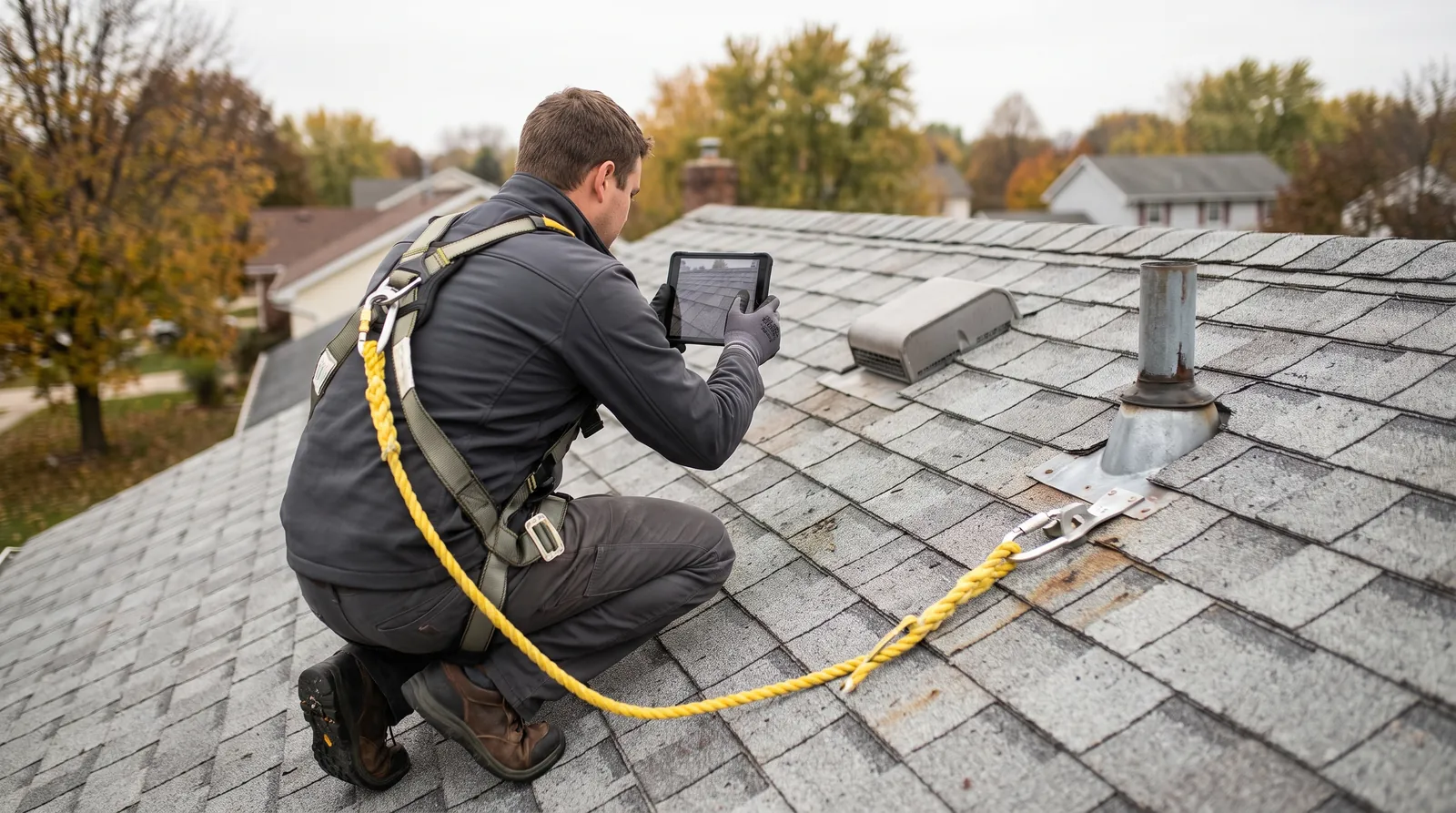 Roof inspector in a safety harness photographing shingles and a pipe boot