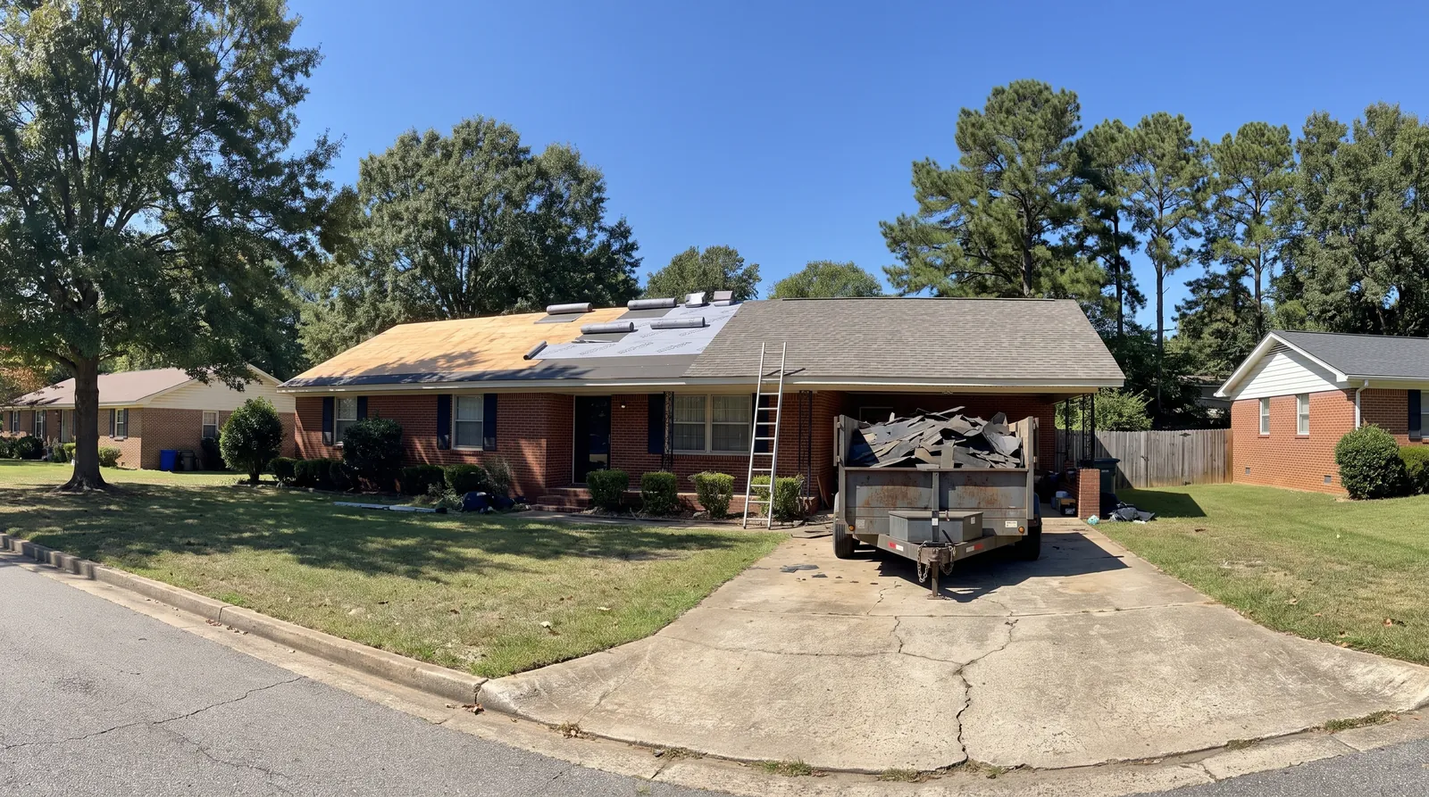 Roof replacement in progress on a brick ranch home in Huntsville with new underlayment and shingles