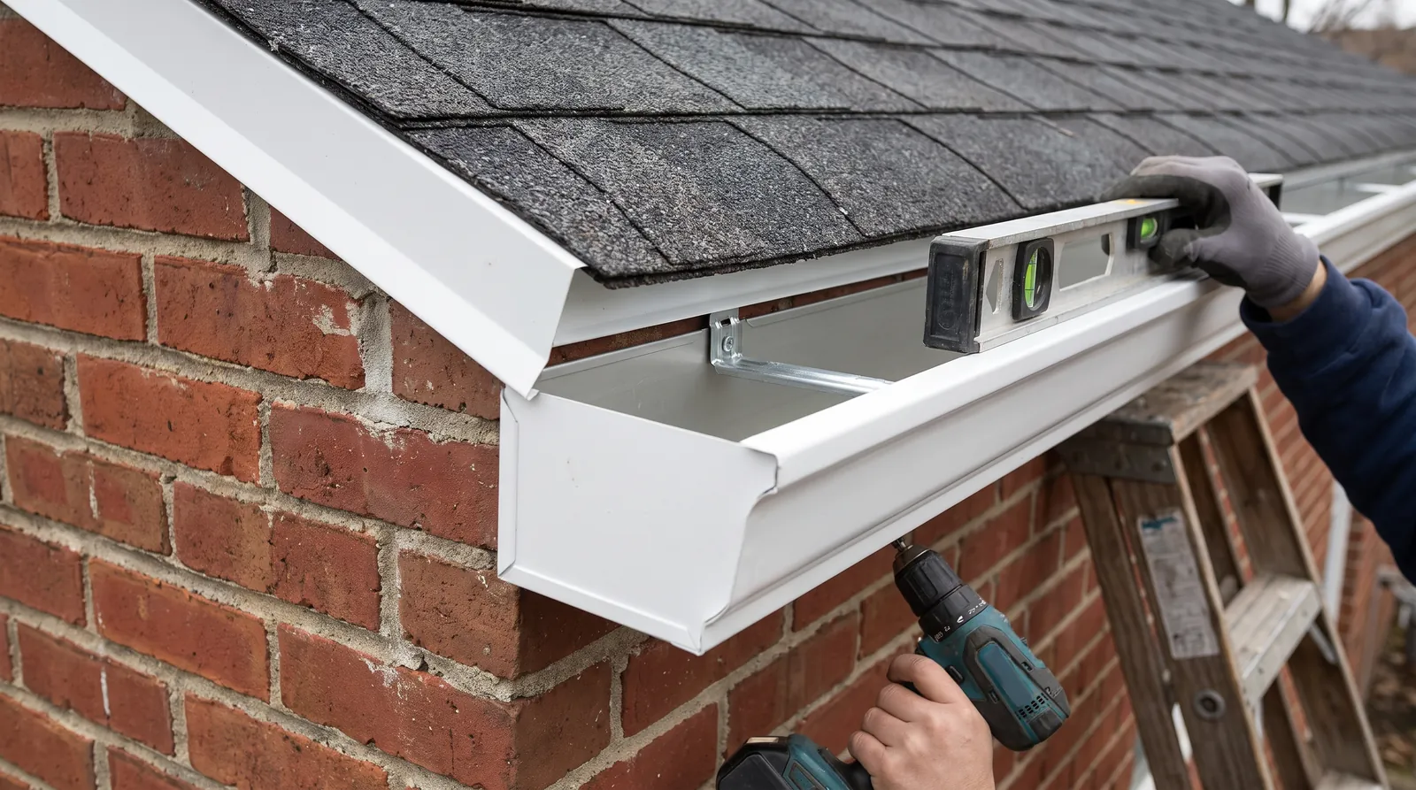 New seamless aluminum gutters and drip edge installed along the eave of a brick home