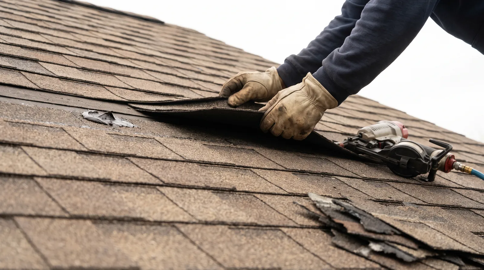 Roofer sliding a new architectural shingle into place to replace a wind-torn one