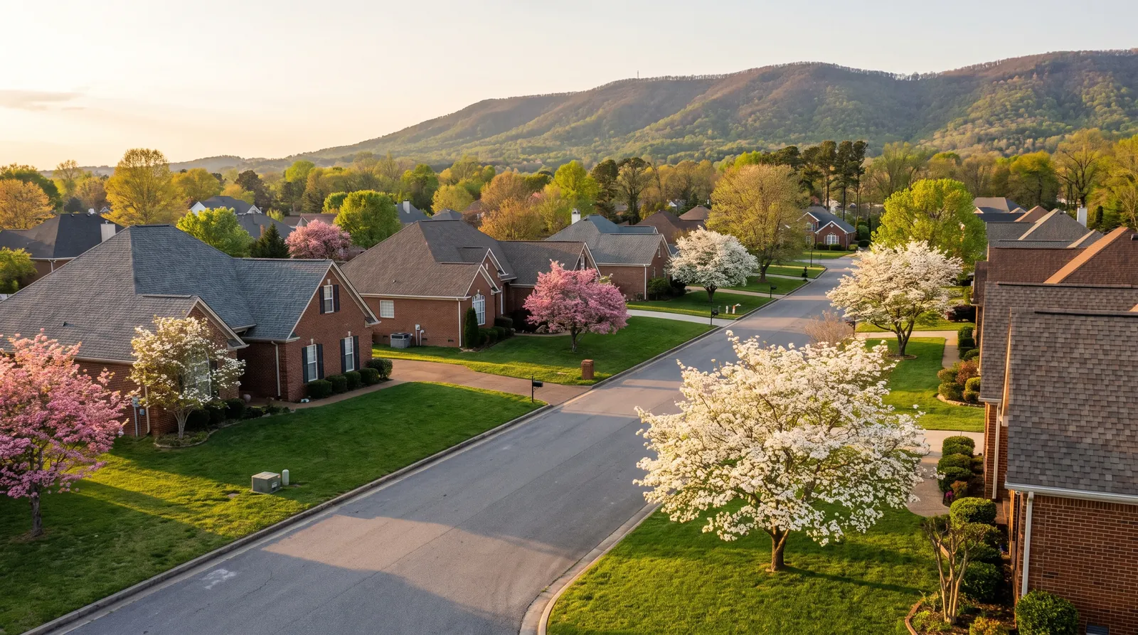 Quiet street of 1990s brick homes in south Huntsville with Monte Sano in the background