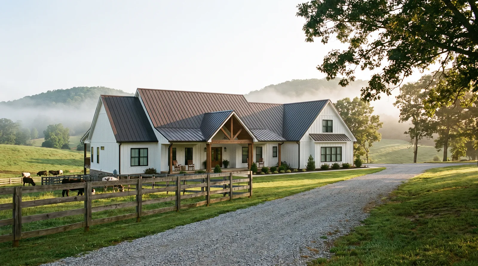 Farmhouse outside Huntsville with a new dark bronze standing-seam metal roof