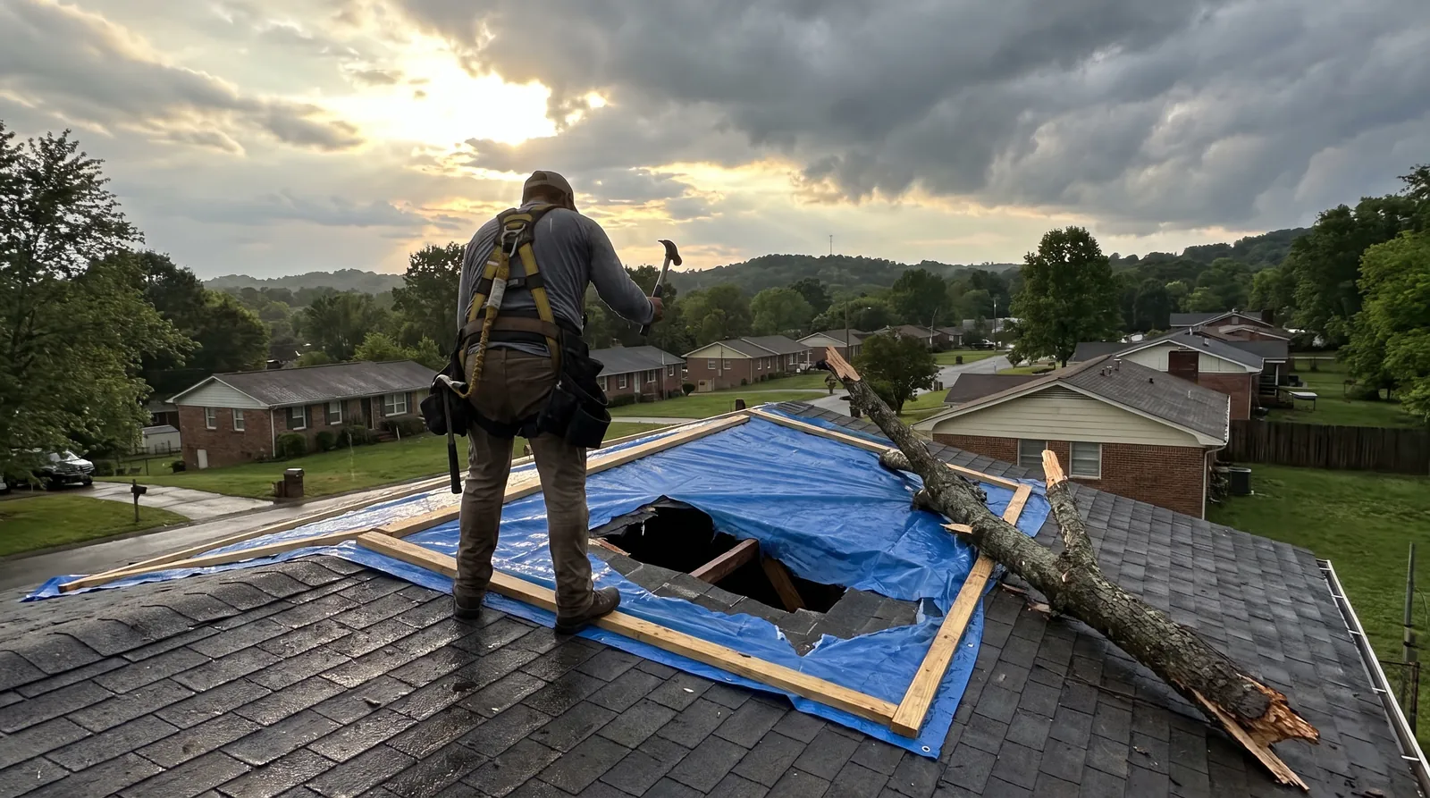 Emergency tarp being secured over storm damage from a fallen limb on a North Alabama roof