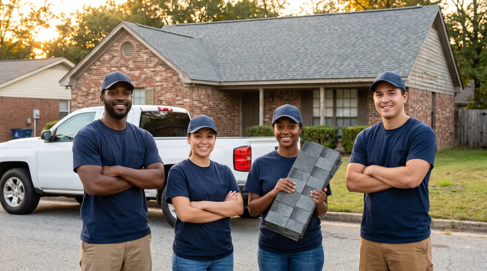 The Huntsville Roofing Co. crew in front of their truck and a freshly reroofed brick home